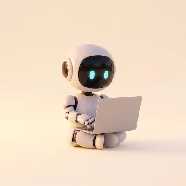 Le robot mascotte tape sur un laptop